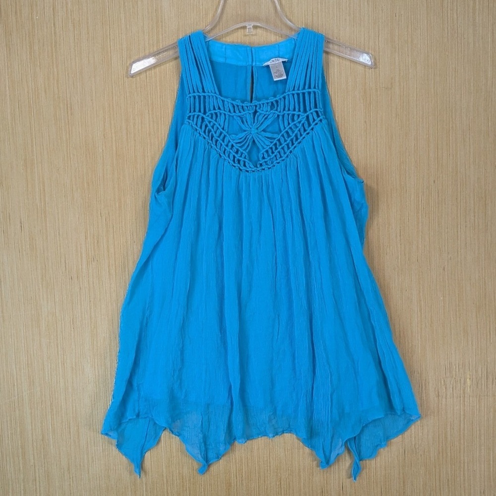 Cache 100% Silk Boho Y2K Festival Crochet Neck Sharkbite Hem Blouse Large Blue